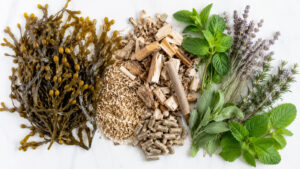 no-text visual of seaweed, biomass, and herb materials.