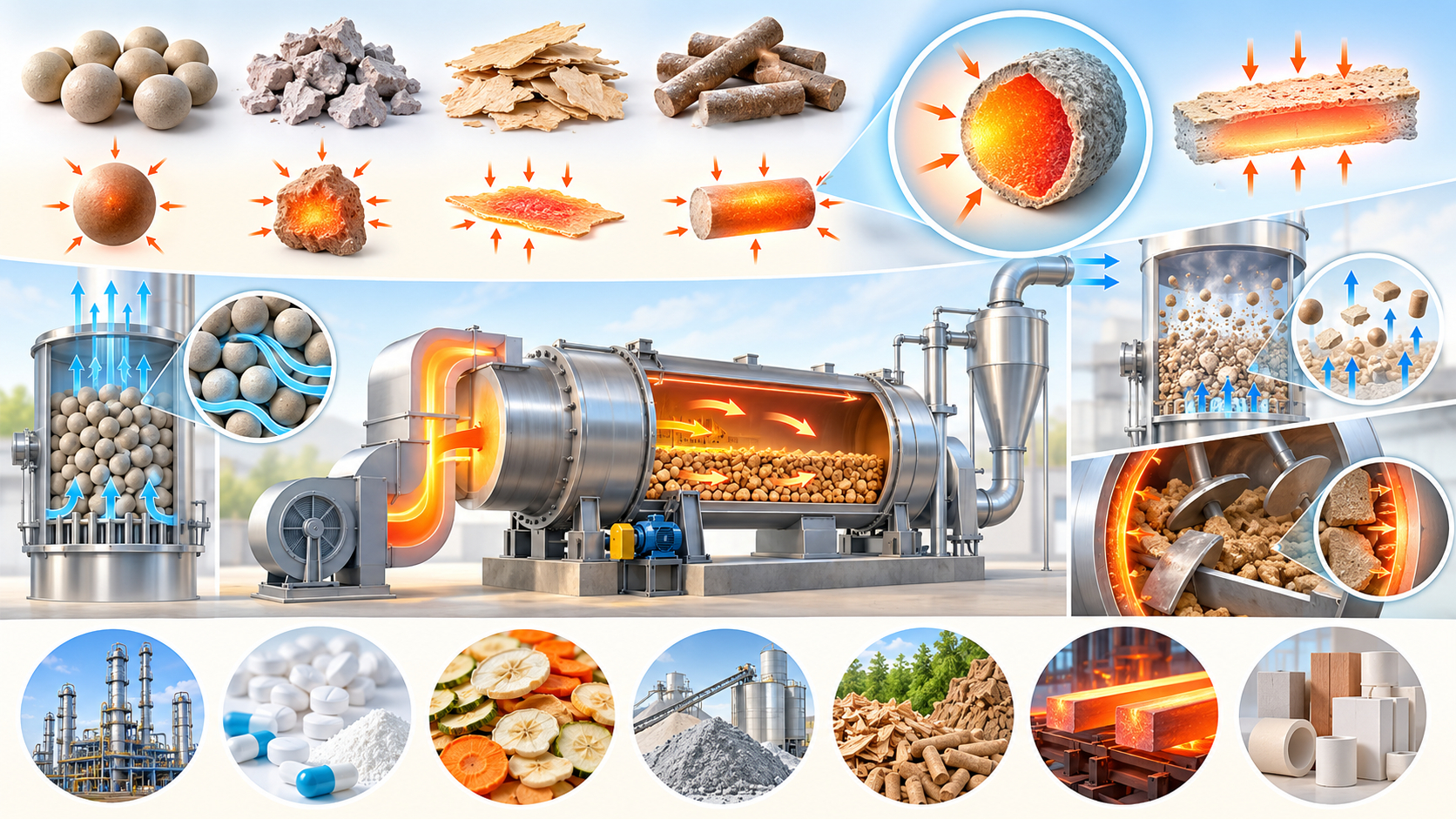 Industrial thermal processing infographic showing how different particle shapes, including spheres, irregular chips, flat flakes, and cylinders, affect heat penetration, airflow, fluidization, and contact heating. A central rotary dryer is surrounded by packed bed, fluidized bed, and heated wall illustrations, with glowing heat flow arrows and industrial applications including chemicals, pharmaceuticals, food drying, cement, biomass, metallurgy, and ceramics.