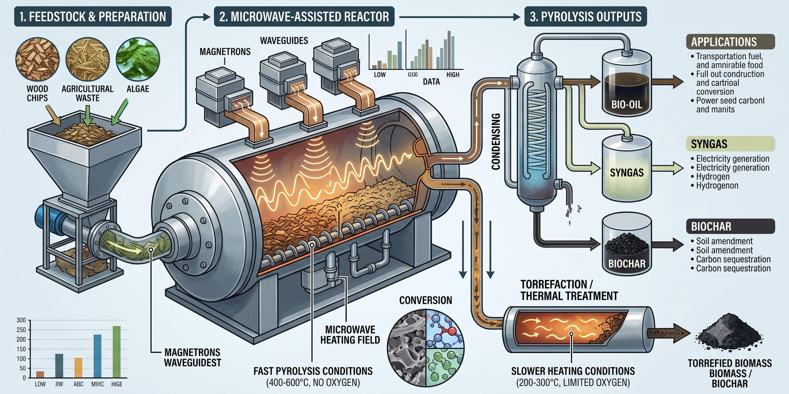 An infographic illustrates a three-step microwave-assisted biomass conversion process, beginning with feedstocks like wood chips, agricultural waste, and algae loaded into a hopper. The material enters a large cylindrical reactor where magnetrons and waveguides apply microwave heat under fast pyrolysis conditions (400–600°C, no oxygen). The heated output then passes through a vertical condensing unit, separating into bio-oil, syngas, and biochar for various commercial applications, while a secondary lower pathway depicts torrefaction under slower heating conditions (200–300°C, limited oxygen) to produce torrefied biomass.