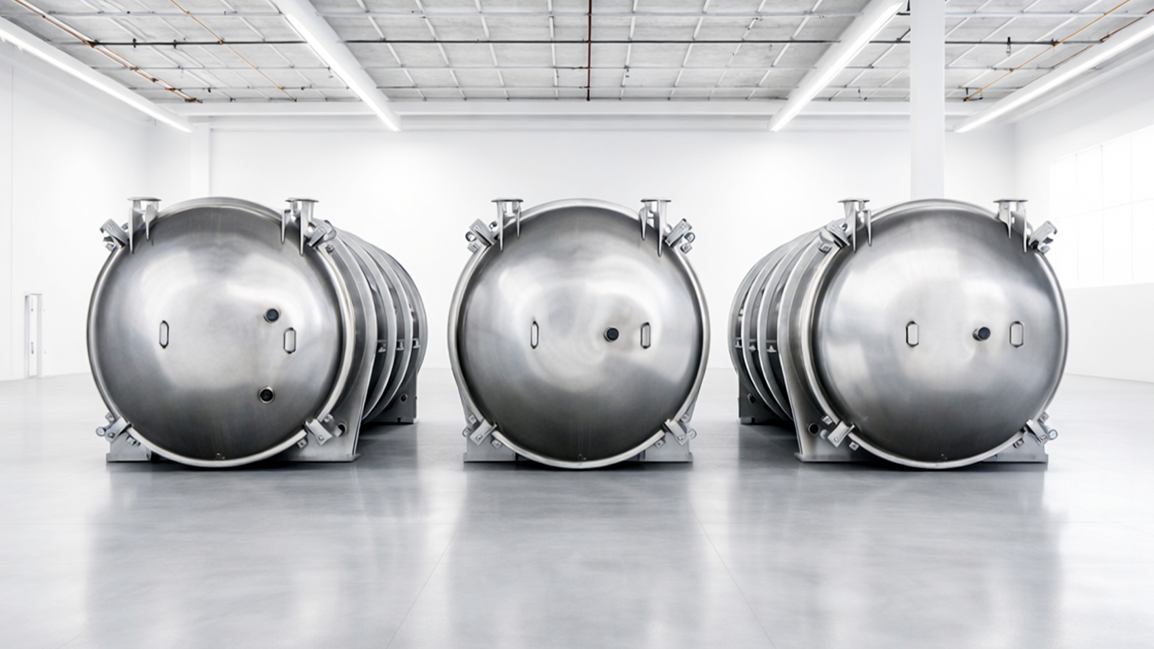 Industrial freeze-drying system featuring three stainless steel cylindrical vacuum chambers arranged in a bright, modern processing facility to perform microstructural changes during drying.